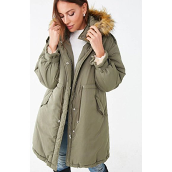 NWOT - Forever 21 Warm Faux-Fur Lined Olive Green Army Parka with Lined Sleeves - Picture 1 of 6
